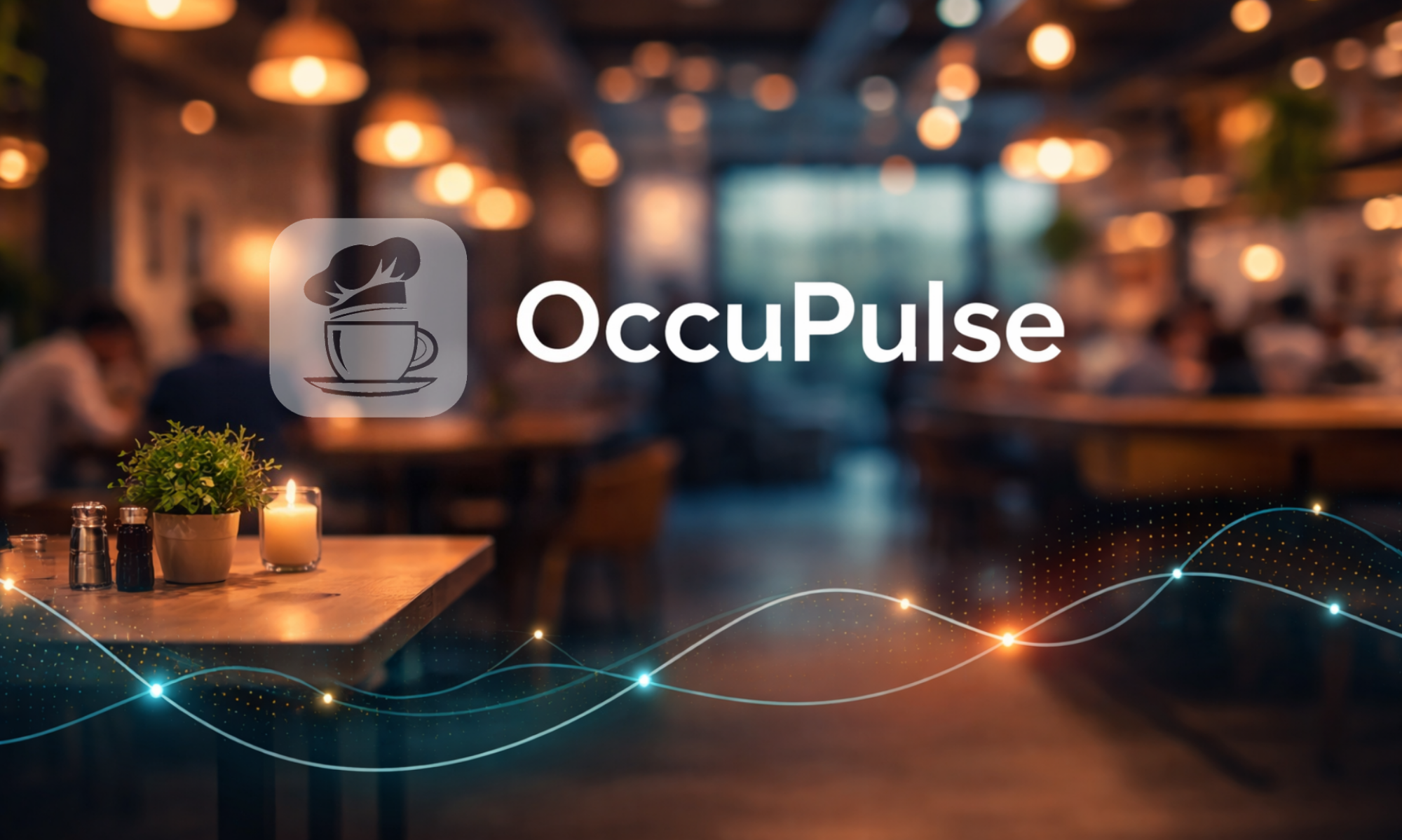 Modern restaurant interior with warm lighting and blurred guests, overlaid with subtle data wave graphics symbolizing occupancy analytics for OccuPulse.