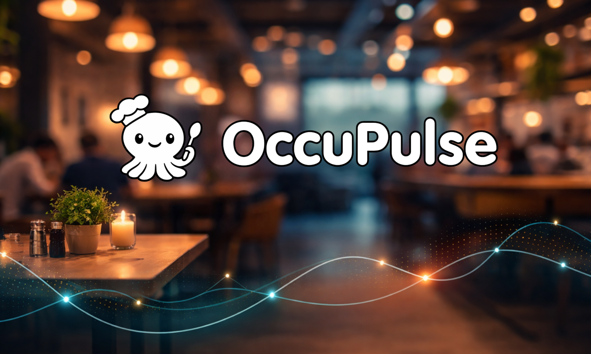 OccuPulse logo with a smiling octopus chef holding a spoon, displayed over a blurred restaurant interior with warm lighting and a data visualization wave graphic in the foreground.