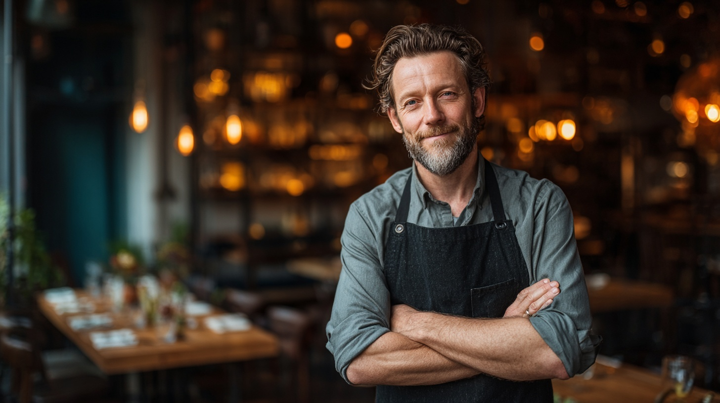 Restaurant owner standing confidently in a warmly lit dining room before service