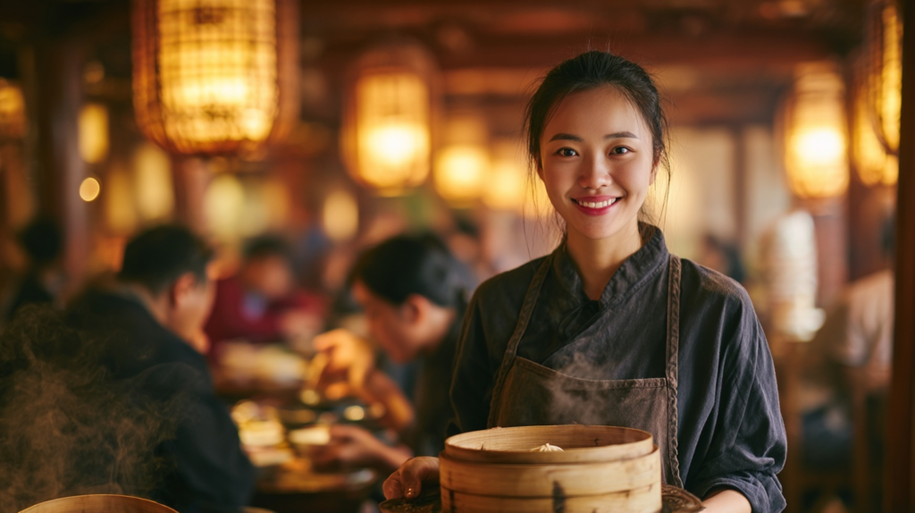 Young Chinese waitress smiling warmly while holding a steaming bamboo basket of dim sum in a softly lit traditional restaurant, with lanterns overhead and diners blurred in the background.