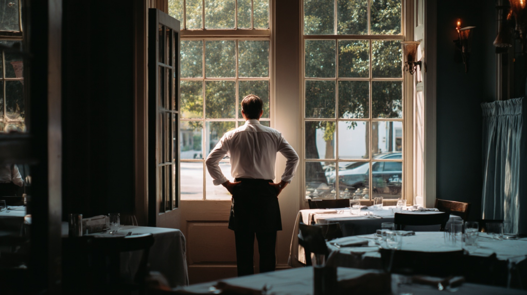 Restaurant manager seen from behind standing with hands on hips in an empty dining room, looking out through large windows, with neatly set tables and soft afternoon light filling the quiet space.