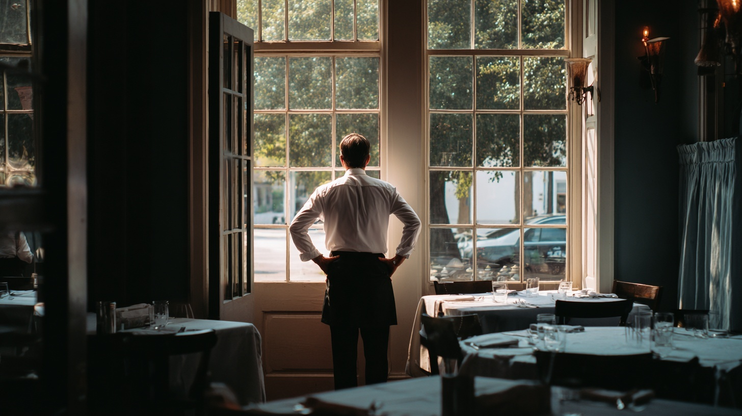 Restaurant manager looking across a quiet dining room while planning the upcoming week